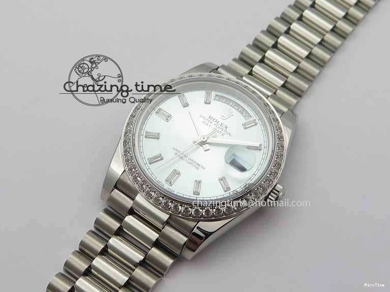 MiroTime 1218 Stylish Day Date 40mm SS BP Maker Best Edition Diamond Bezel Ice Blue Dial On SS Bracelet ETA 3699